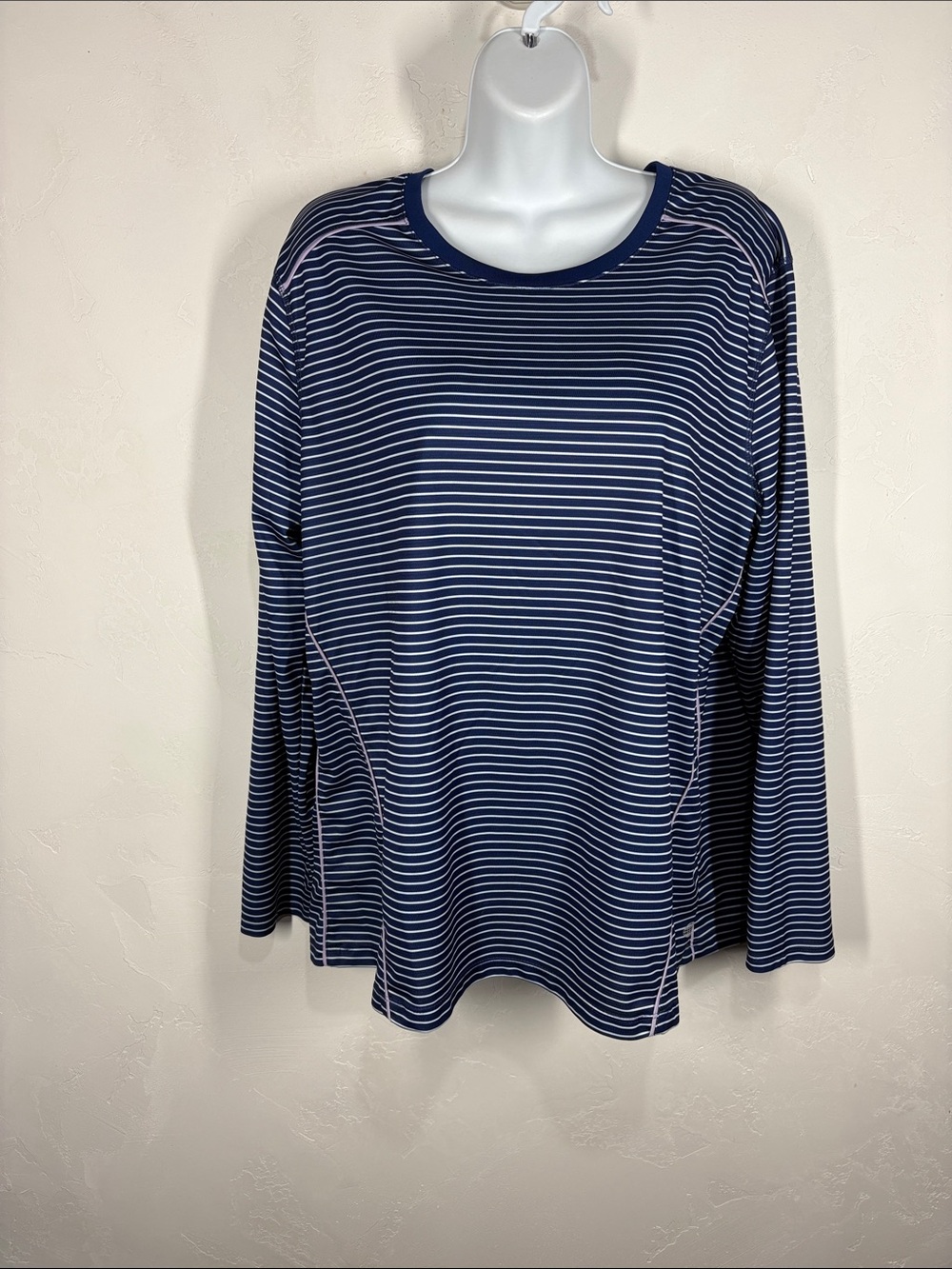 Reel Legends Striped Long-Sleeve Crewneck Top - Navy/White size 1X